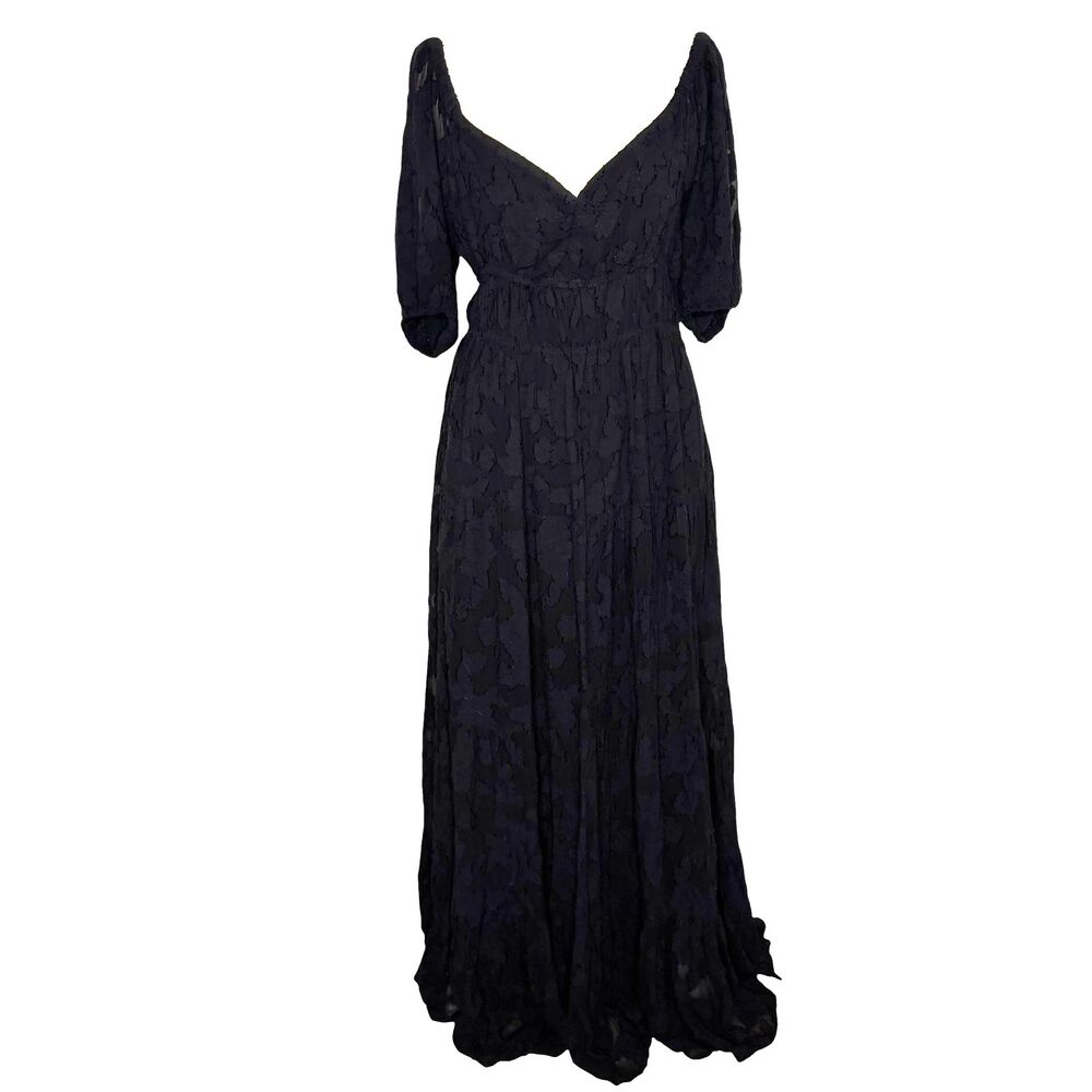 Cleobella Maxi Dress Fit Flare Tiered Textured Chiffon Puff Sleeve Black M